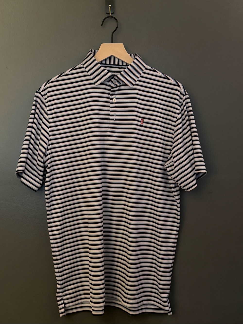 Harlestons Men's Black and White Striped Golf Shirt from Harbor Town Golf Course